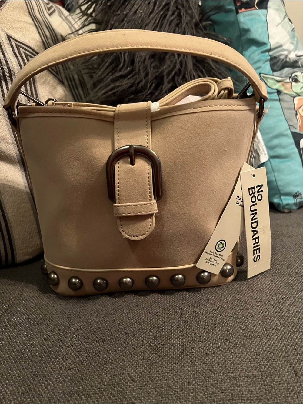 No Boundaries Faux Suede Stud-Trim Mini Moto Bucket Bag, Beige w/crossbody strap